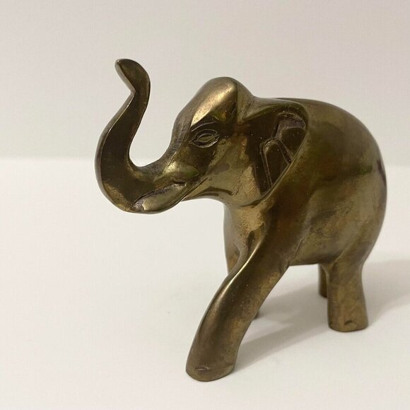 Vintage Brass Elephant Figure 3.5 Inch Long Trunk Up Figurine - Picture 13 of 16